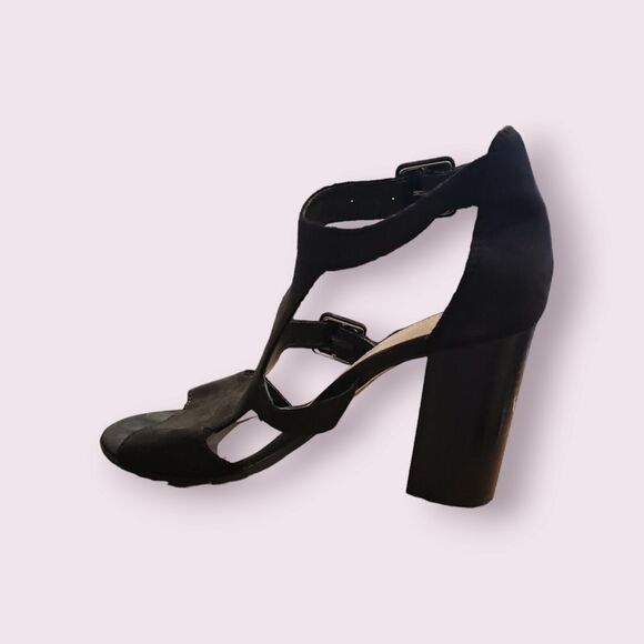 Aldo Black Suede Block Heels Size 8 Meygan-93 BUCKLE SANDAL PEEP TOE - Picture 4 of 16